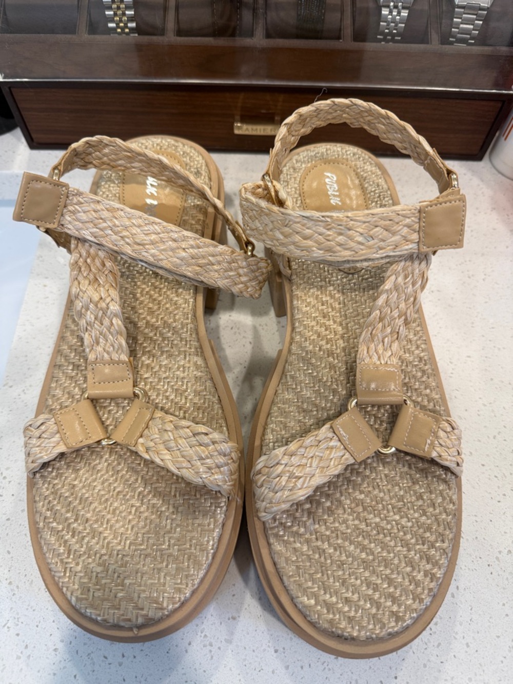 Public Desire Braided Tan Woven Strap Sandals